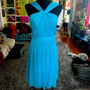 David’s Bridal Malibu Blue crossover halter style dress